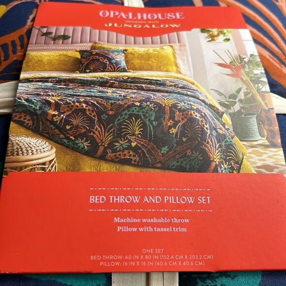 Opalhouse Throw Blanket & Pillow Set Blue Fiesta Jungle Print Tassel - Picture 6 of 8